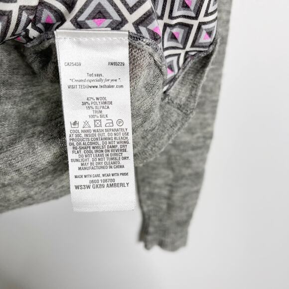 Ted Baker Womens 0 XXSmall Gray Amberly Geometric Printed Sweater Wool Silk Crew - Picture 6 of 8